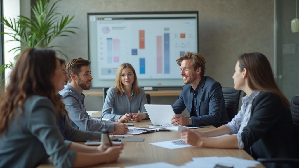 Профессиональная фотография команды молодых предпринимателей, обсуждающих стратегию в конференц-зале с доской для планирования