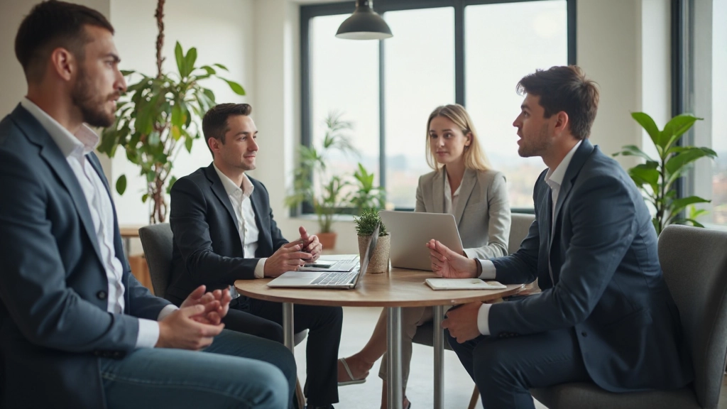 Молодые предприниматели обсуждают инновационный проект в современном офисном пространстве