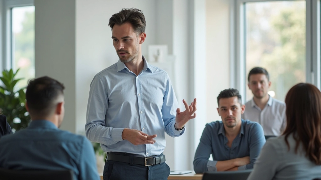 Профессиональное фото лидера стартапа, проводящего встречу с командой в современном офисе