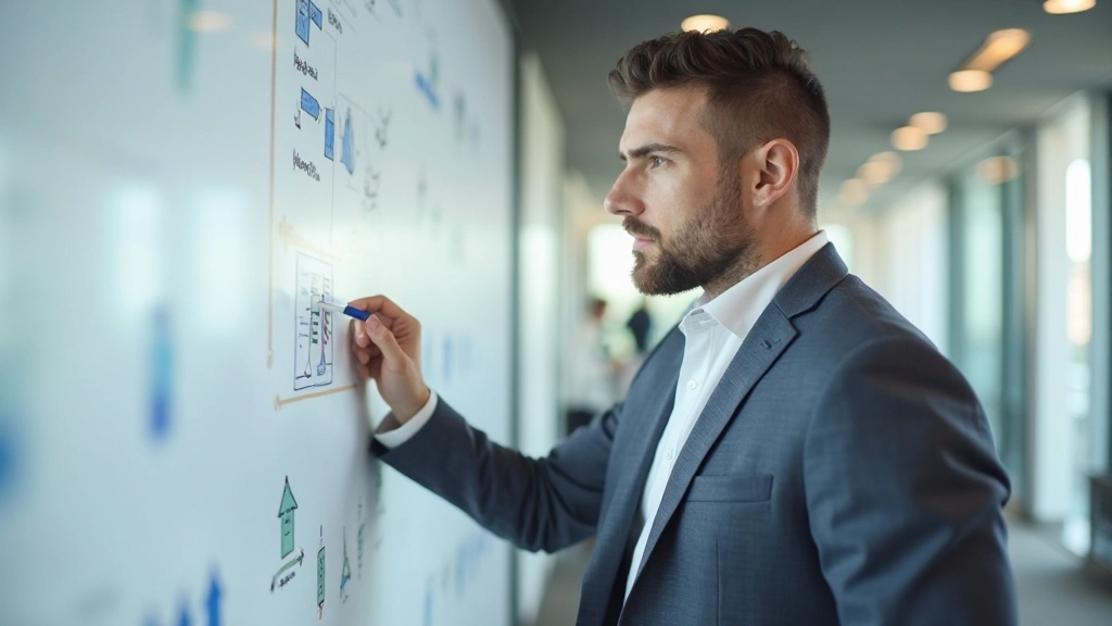 Предприниматель анализирует бизнес-стратегию на доске