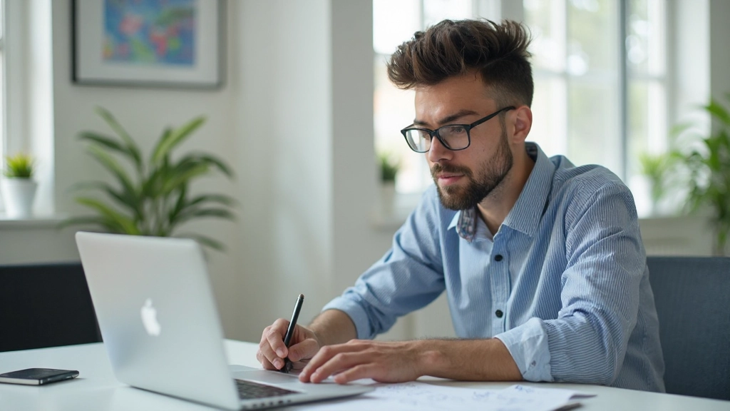 Профессиональная фотография молодого предпринимателя с ноутбуком в современном офисе